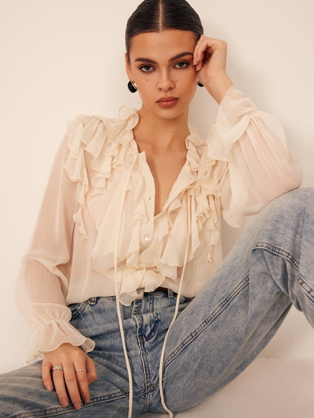 Commense Semi-Sheer Ruffle Chiffon Breasted Blouse - Picture 2 of 7